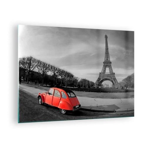 Impression sur verre - Image sur verre - Une voiture rouge avec la Tour Eiffel en arrière-plan dans un décor noir et blanc - 70x50cm - Plus parisien que Paris lui-même - Décoration murale moderne pour le salon et la chambre ARTTOR