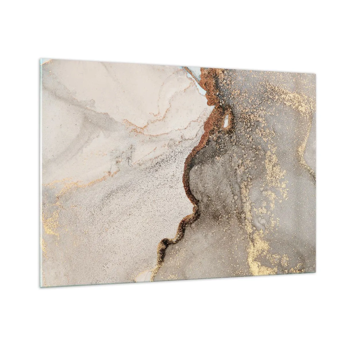 Impression sur verre - Image sur verre - Composition abstraite avec du beige, de l'or et du graphite - 100x70cm - Aux frontières des couleurs - Décoration murale moderne pour le salon et la chambre ARTTOR