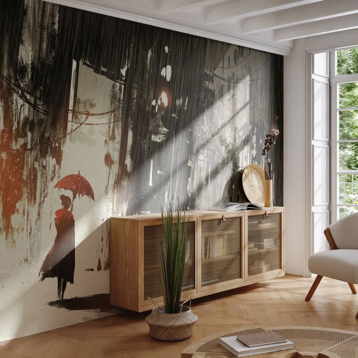 Papier Peint Autocollant Deluxe Sticker - La poésie du parapluie rouge - Ville, Femme, Architecture - 350x256 cm