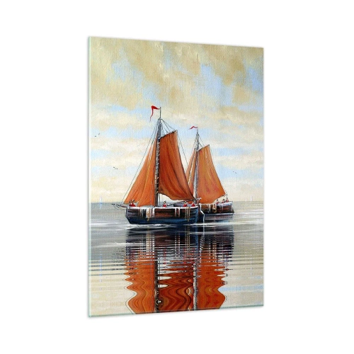 Impression sur verre - Image sur verre - Voiliers sur une mer calme au coucher du soleil - 50x70cm - He, navigue, marin - Décoration murale moderne pour le salon et la chambre ARTTOR
