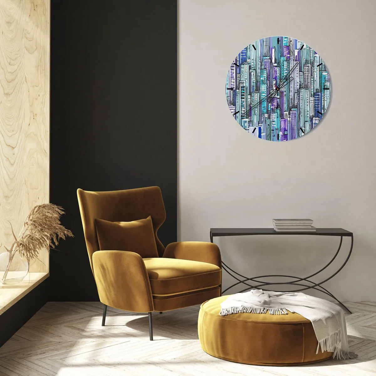 Horloge murale - Pendule murale - Gratte-ciels graphiques dans des tons de bleu et de violet - 30x30cm - Bleuâtre avec le ciel - Décoration murale moderne pour le salon, la cuisine et la chambre ARTTOR
