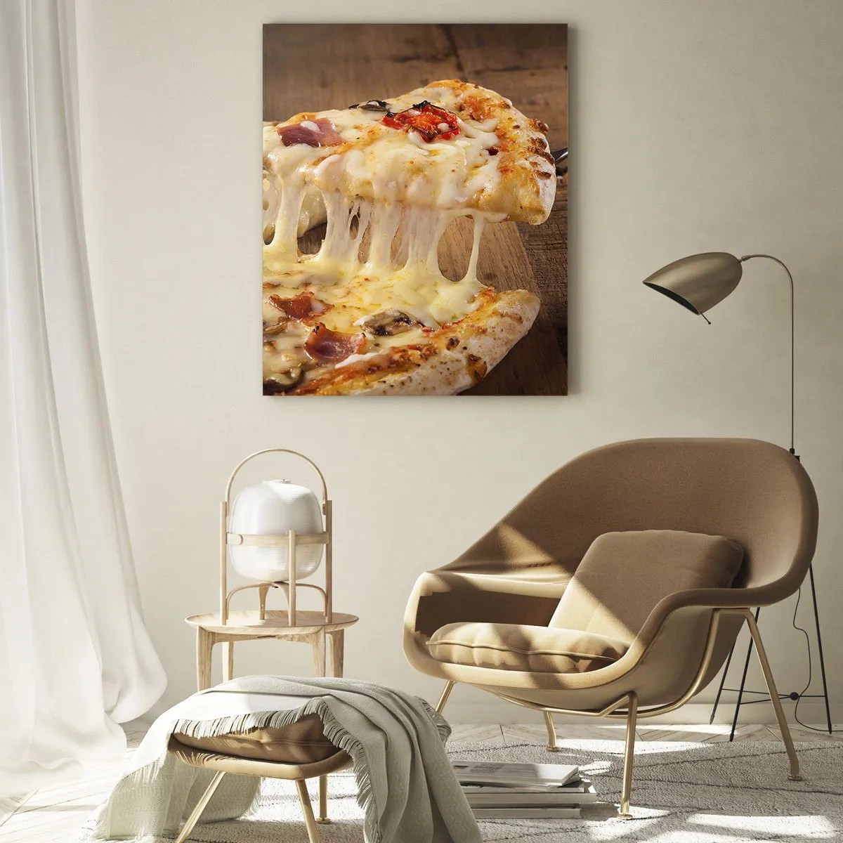 Impression sur verre - Image sur verre - Pizza au fromage filandreux, tomates et jambon sur fond de bois - 50x70cm - Un chef-d'œuvre de l'art italien - Décoration murale moderne pour le salon et la chambre ARTTOR