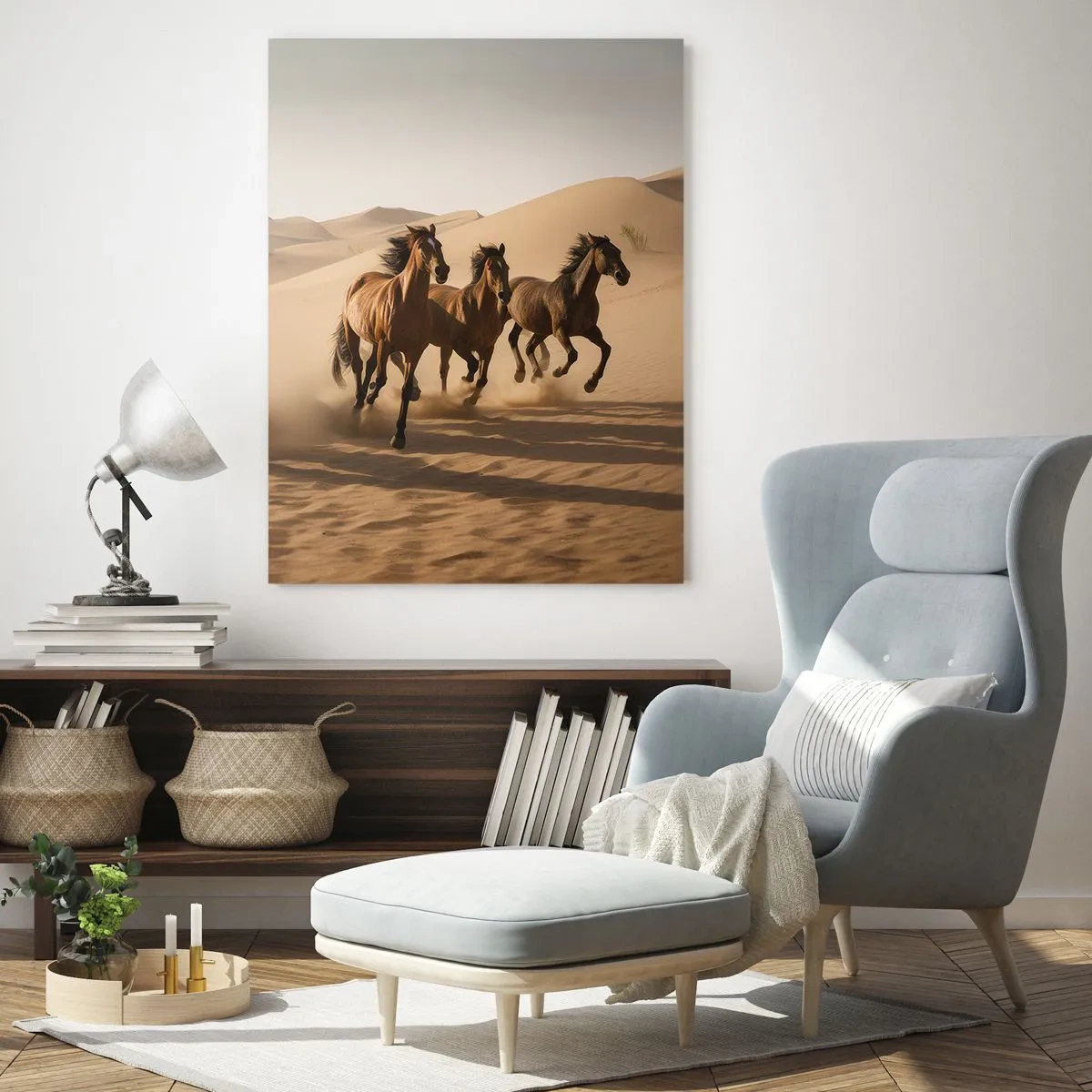 Impression sur verre - Image sur verre - Chevaux au galop sur fond de désert - 80x120cm - Libre comme le vent - Décoration murale moderne pour le salon et la chambre ARTTOR