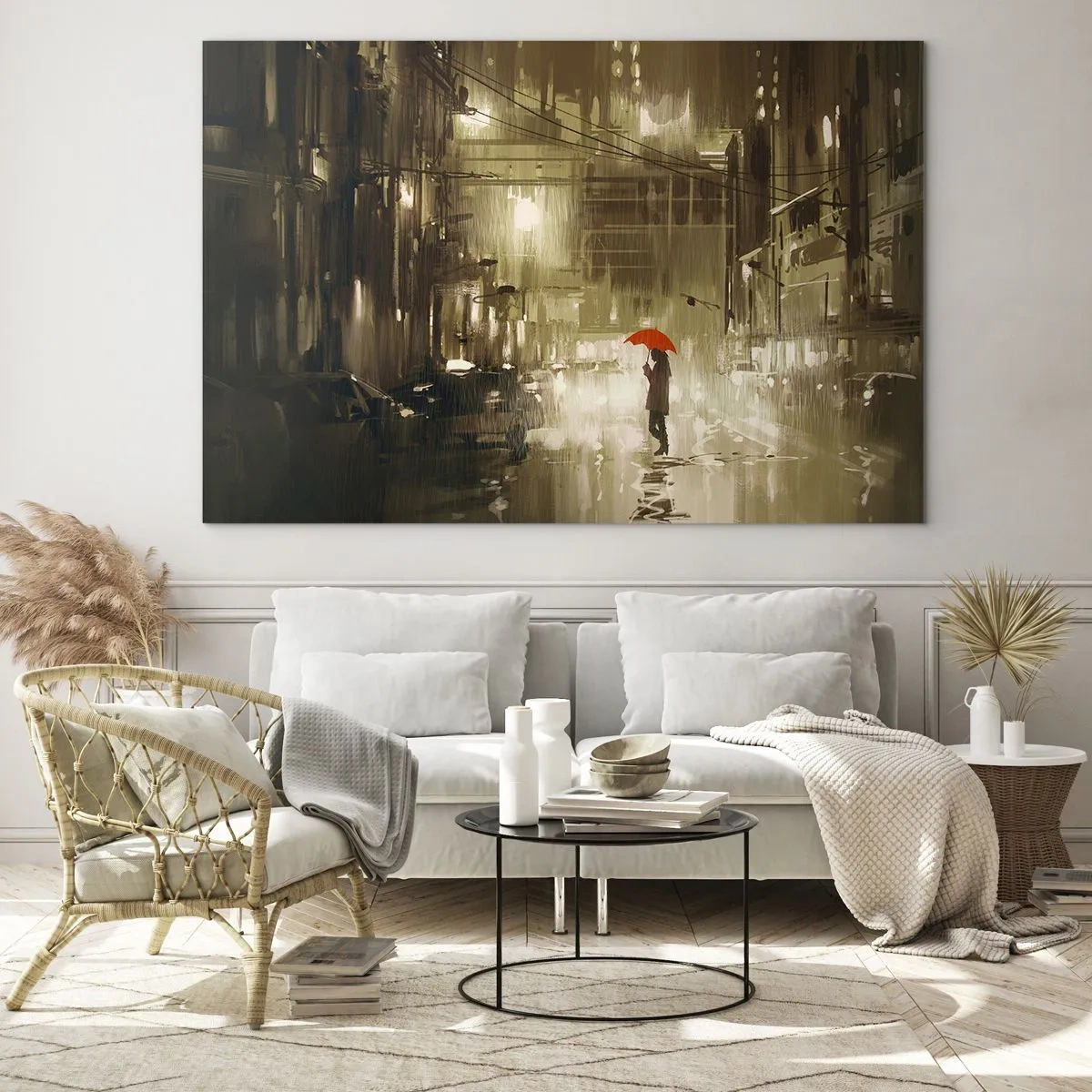 Impression sur verre - Image sur verre - Personne avec un parapluie rouge dans la lumière pluvieuse de la ville la nuit - 120x80cm - Seule mais pas solitaire - Décoration murale moderne pour le salon et la chambre ARTTOR