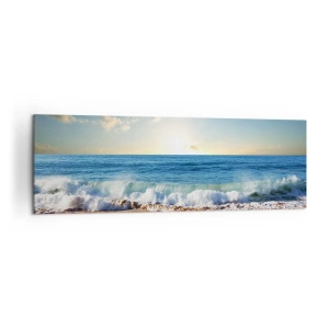 Impression sur toile - Image sur toile - Une plage ensoleillée avec des vagues s'écrasant sur le rivage - 160x50cm - Mouvement et immobilité à la fois - Décoration murale moderne pour le salon et la chambre ARTTOR