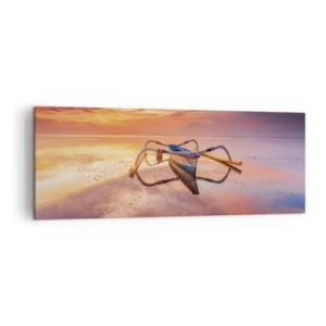 Impression sur toile - Image sur toile - Un bateau sur une eau calme au coucher du soleil - 140x50cm - Le calme d'une soirée tropicale - Décoration murale moderne pour le salon et la chambre ARTTOR