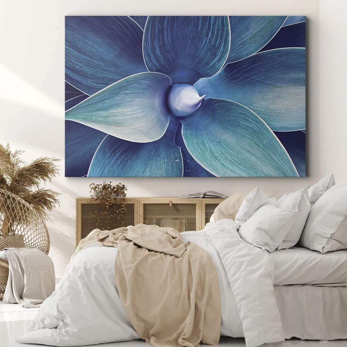 Impression sur toile - Image sur toile - Gros plan d'une fleur abstraite dans des tons de bleu - 120x80cm - Le bleu du ciel - Décoration murale moderne pour le salon et la chambre ARTTOR