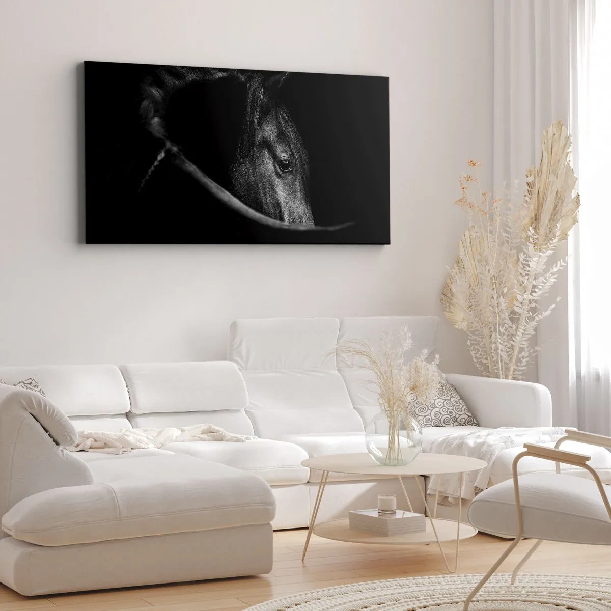 Impression sur toile - Image sur toile - Portrait en noir et blanc d'un cheval avec un jeu subtil de lumière et d'ombre sur un fond sombre. - 120x50cm - Prince Noir - Décoration murale moderne pour le salon et la chambre ARTTOR