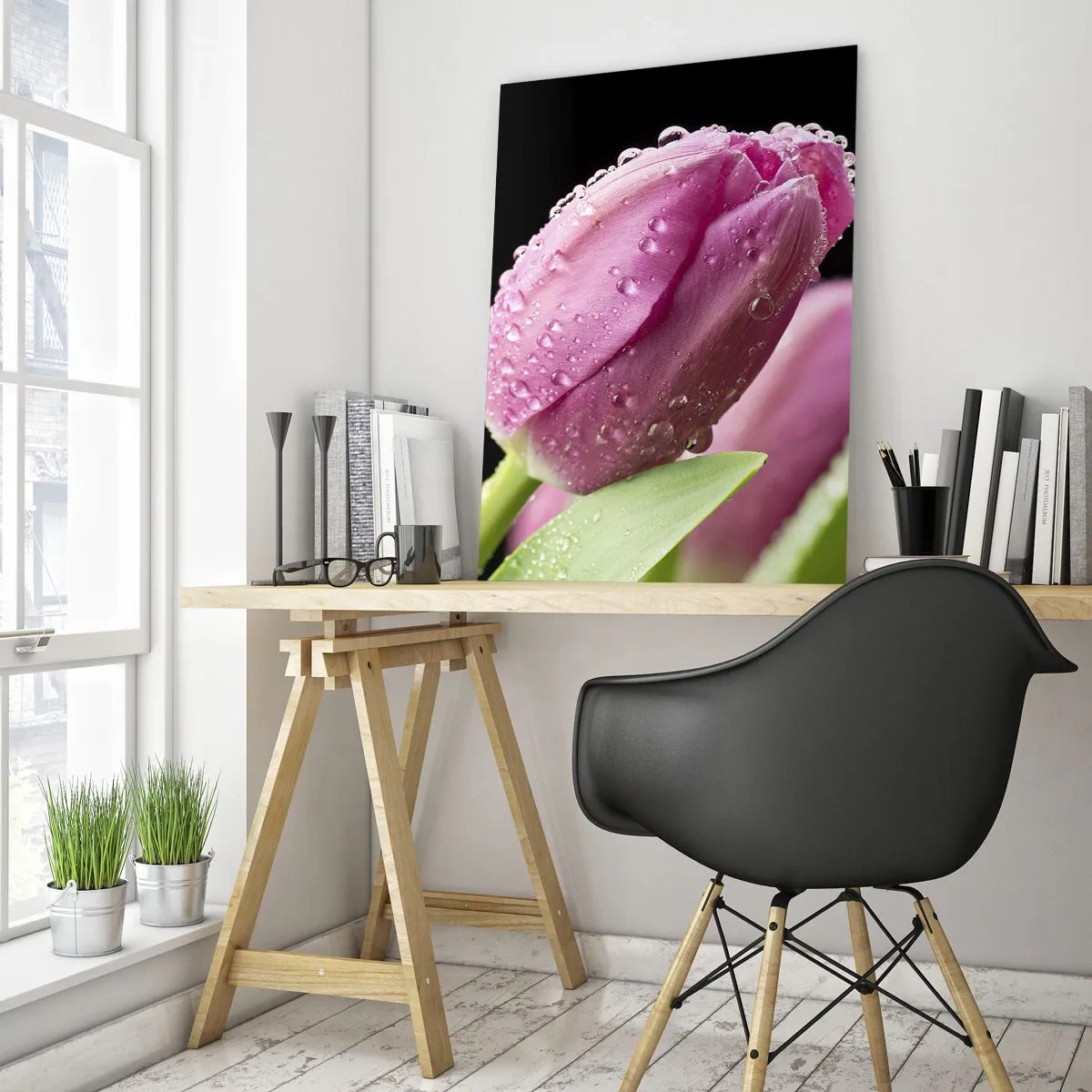 Impression sur verre - Image sur verre - Tulipe rose avec des gouttes d'eau sur fond noir - 80x120cm - Rêve de lilas dans la rosée - Décoration murale moderne pour le salon et la chambre ARTTOR