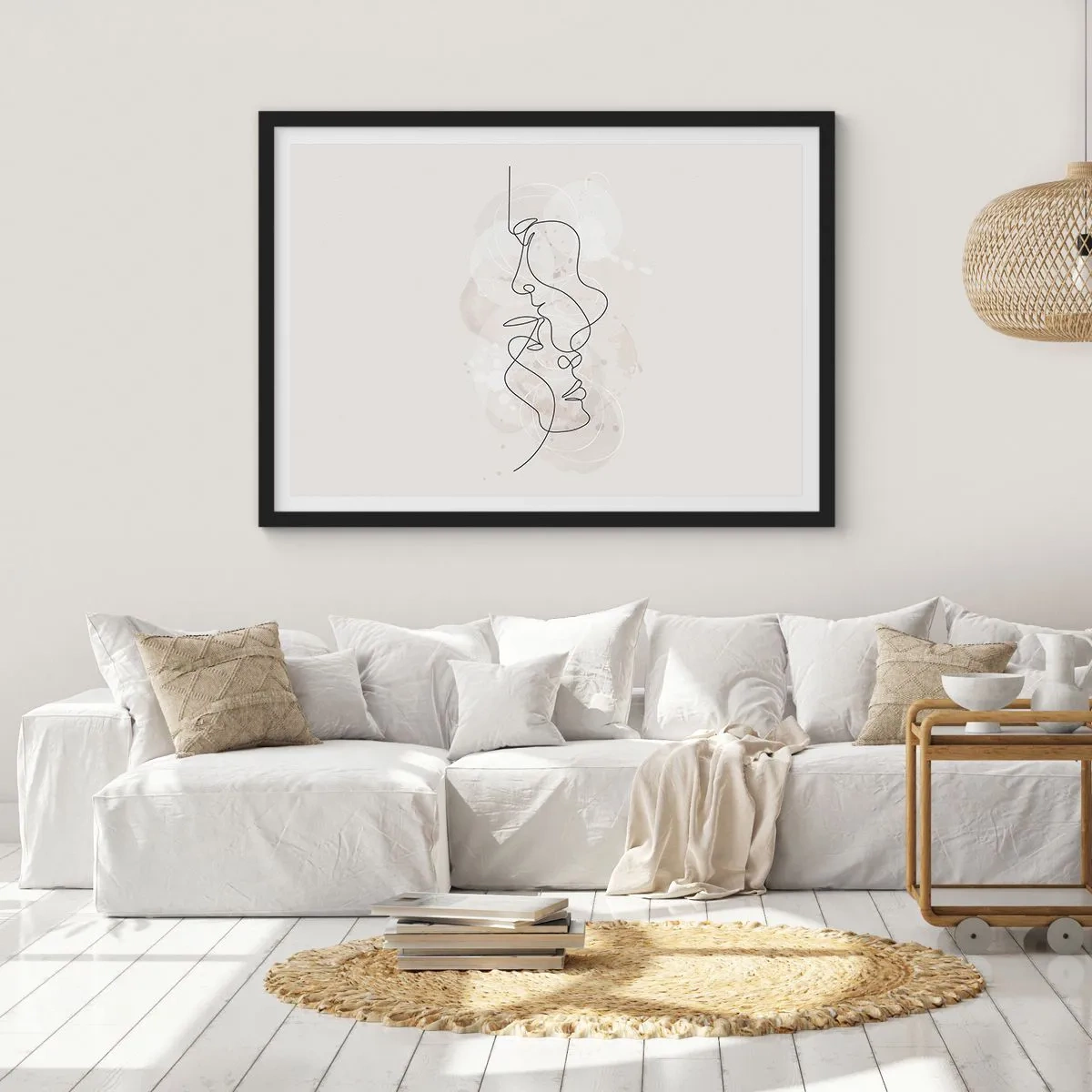 Affiche dans un cadre noir - Poster - Contour abstrait de deux visages sur fond clair - 100x70cm - Emmêlé dans une étreinte - Décoration murale moderne pour le salon et la chambre ARTTOR