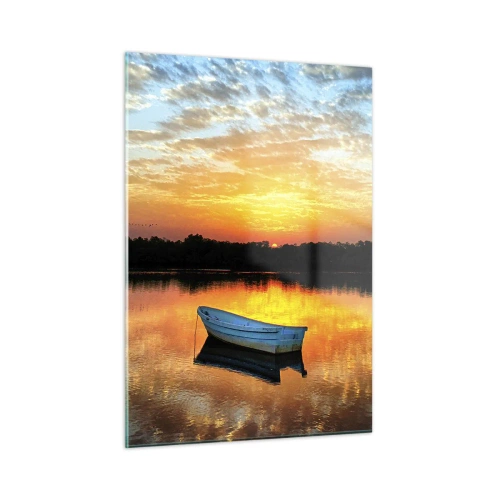 Impression sur verre - Image sur verre - Un bateau sur un lac calme sous les rayons du soleil couchant - 50x70cm - Regardez, écoutez, méditez - Décoration murale moderne pour le salon et la chambre ARTTOR