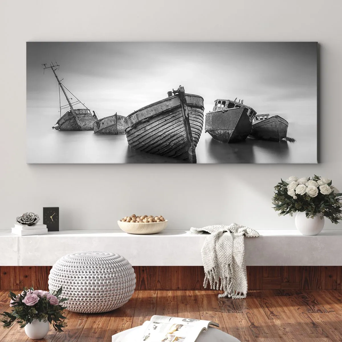 Impression sur toile - Image sur toile - Bateaux abandonnés sur une eau calme - 120x50cm - Cùest déjà un souvenir... - Décoration murale moderne pour le salon et la chambre ARTTOR