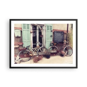 Affiche dans un cadre noir - Poster - Vélos vintage devant une porte en bois aux volets pastel - 70x50cm - Que la province vive - Décoration murale moderne pour le salon et la chambre ARTTOR