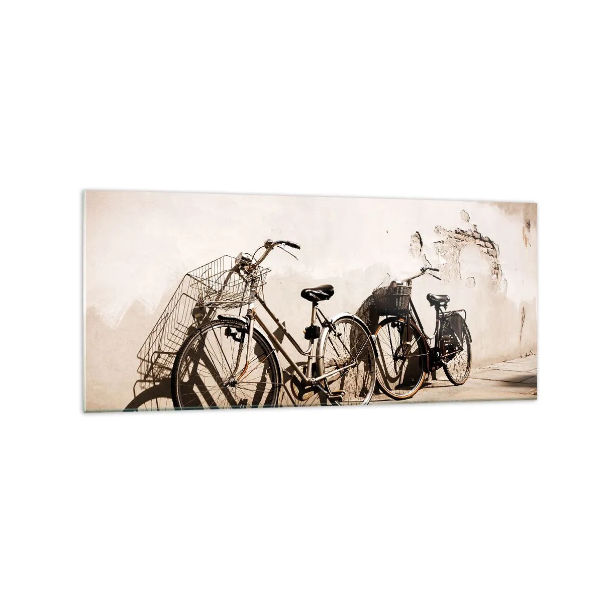 Impression sur verre - Image sur verre - Deux vélos appuyés contre un vieux mur de style rétro - 120x50cm - Le charme inoubliable du passé - Décoration murale moderne pour le salon et la chambre ARTTOR