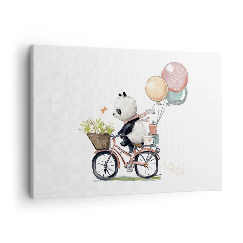 Impression sur toile - Image sur toile - Panda sur un vélo avec des ballons et des fleurs - 70x50cm - Jour de chance - Décoration murale moderne pour le salon et la chambre ARTTOR
