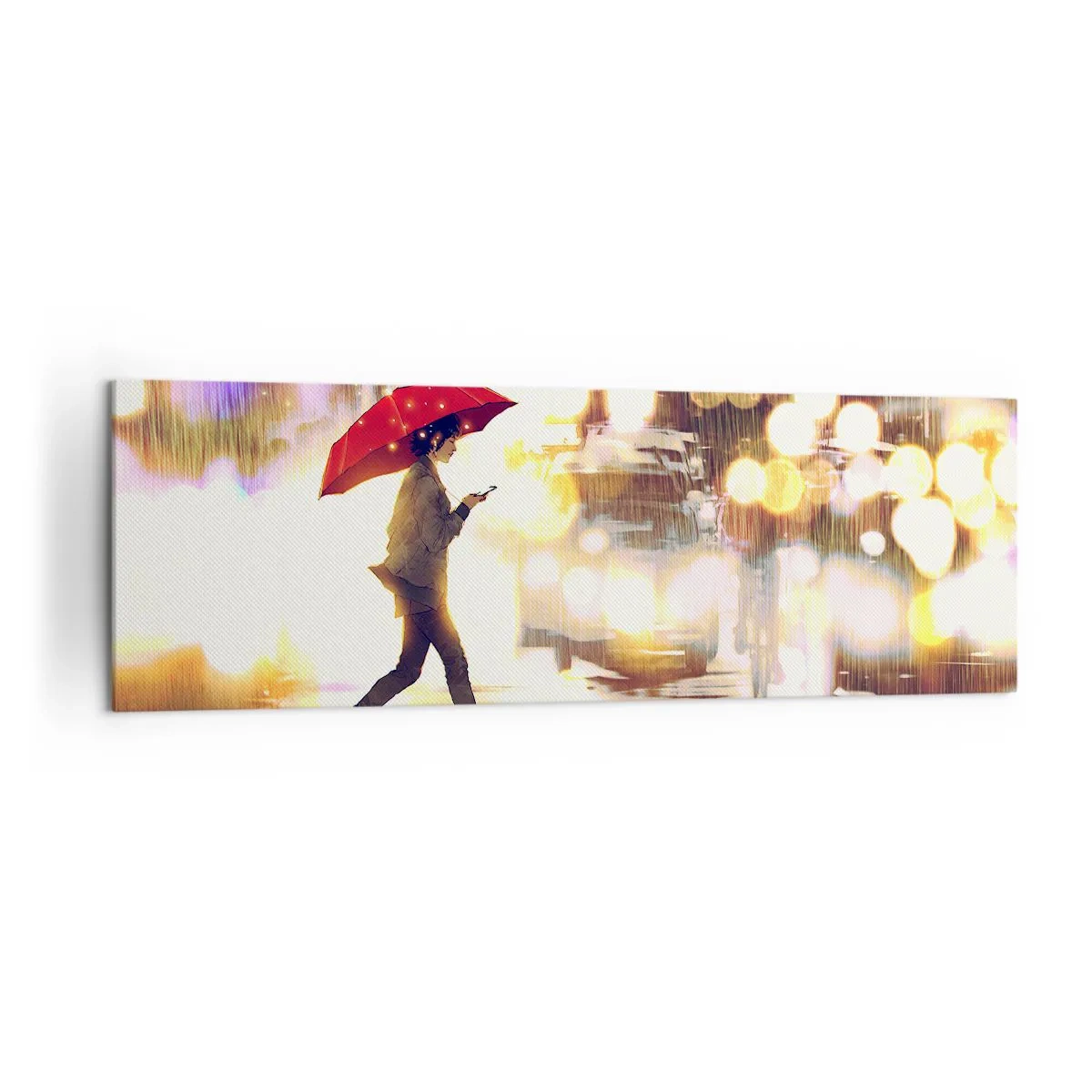 Impression sur toile - Image sur toile - Une silhouette avec un parapluie rouge dans la rue sous la pluie - 160x50cm - Et pourtant ensoleillé - Décoration murale moderne pour le salon et la chambre ARTTOR