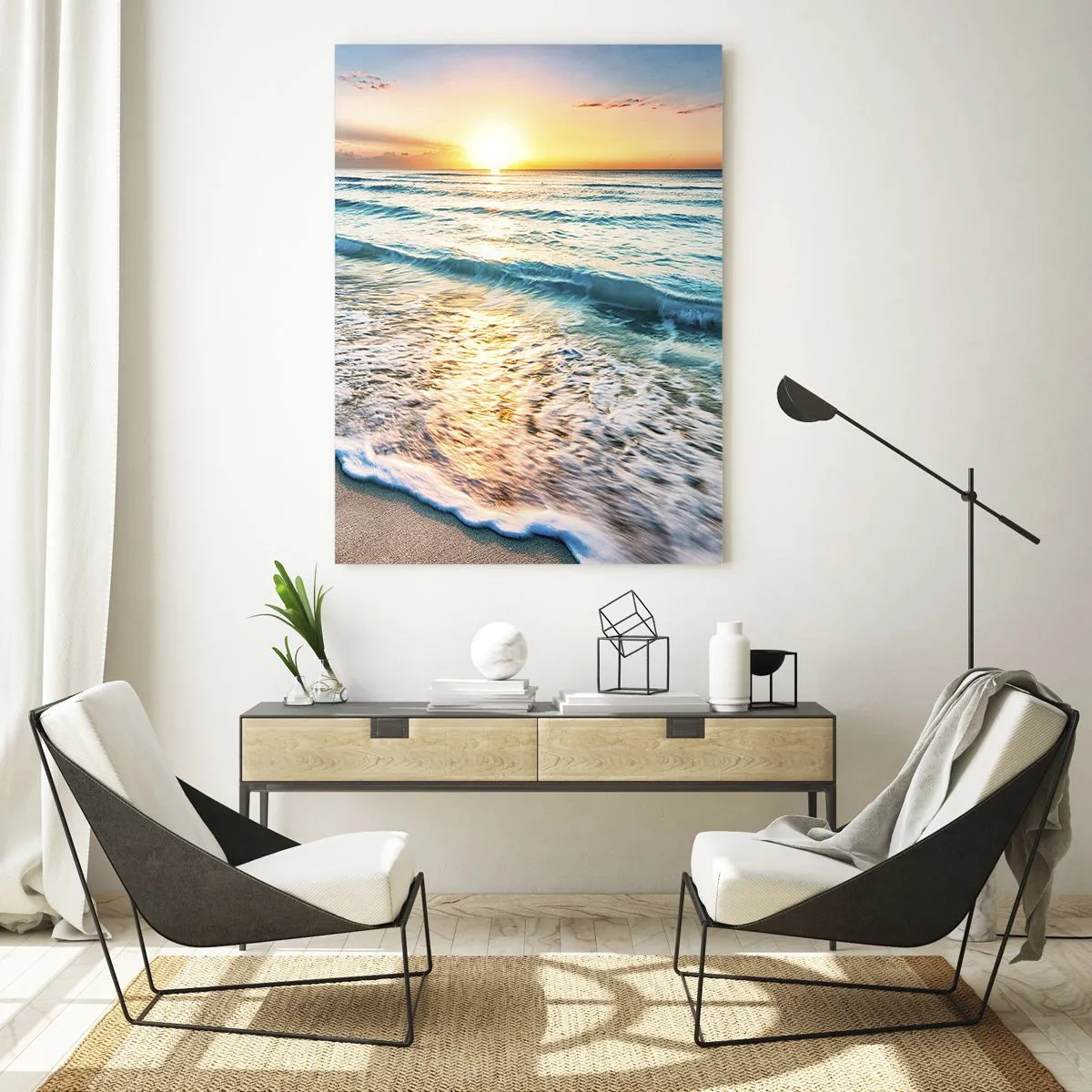 Impression sur verre - Image sur verre - Plage le matin avec vagues et lever de soleil - 50x70cm - Une vue qui en vaut la peine - Décoration murale moderne pour le salon et la chambre ARTTOR
