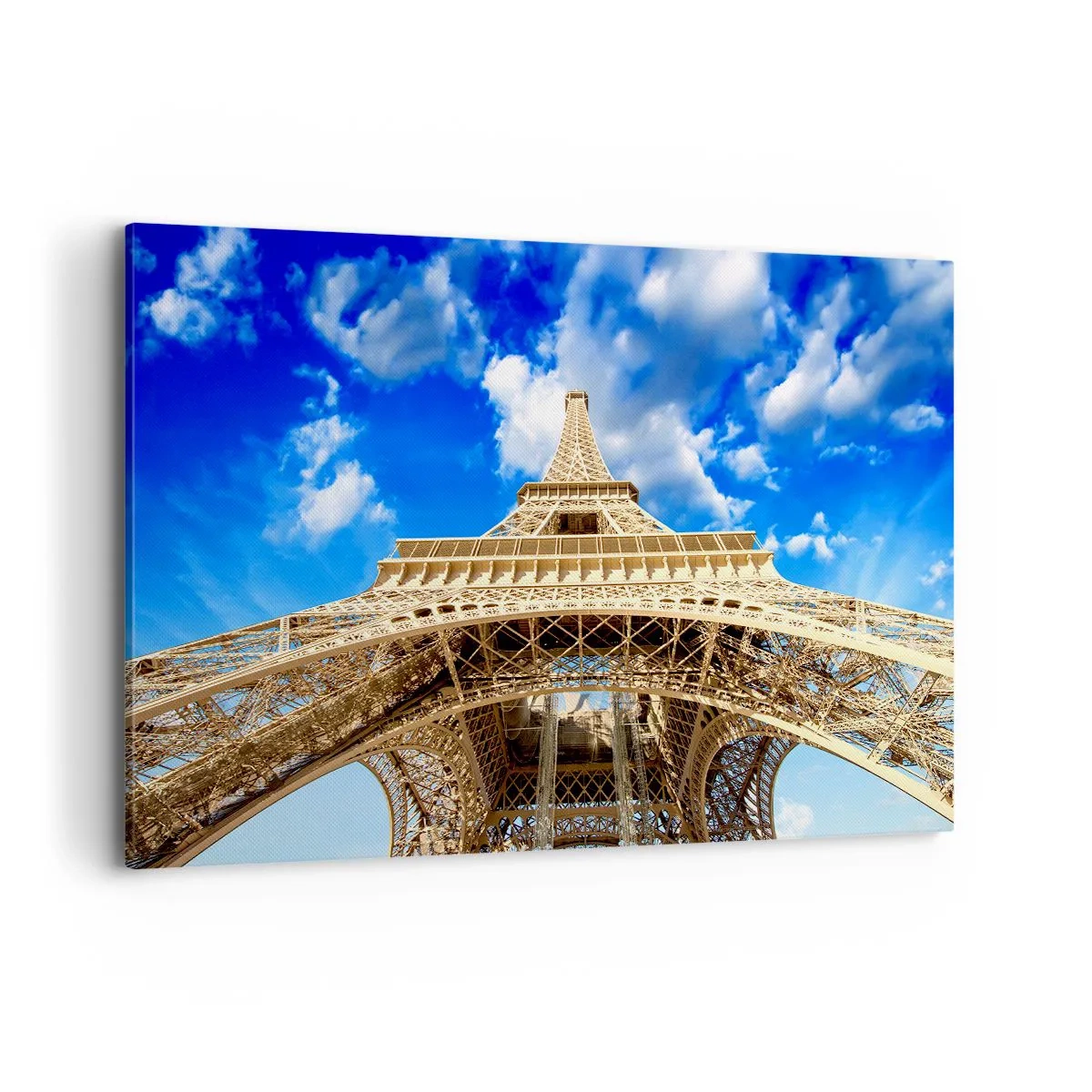 Impression sur toile - Image sur toile - La Tour Eiffel vue d'en bas contre un ciel bleu - 120x80cm - Atteindre le ciel et les nuages - Décoration murale moderne pour le salon et la chambre ARTTOR