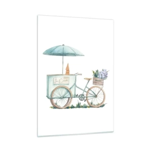 Impression sur verre - Image sur verre - Un vélo avec de la glace et des fleurs pastel - 50x70cm - Doux souvenir d'été - Décoration murale moderne pour le salon et la chambre ARTTOR