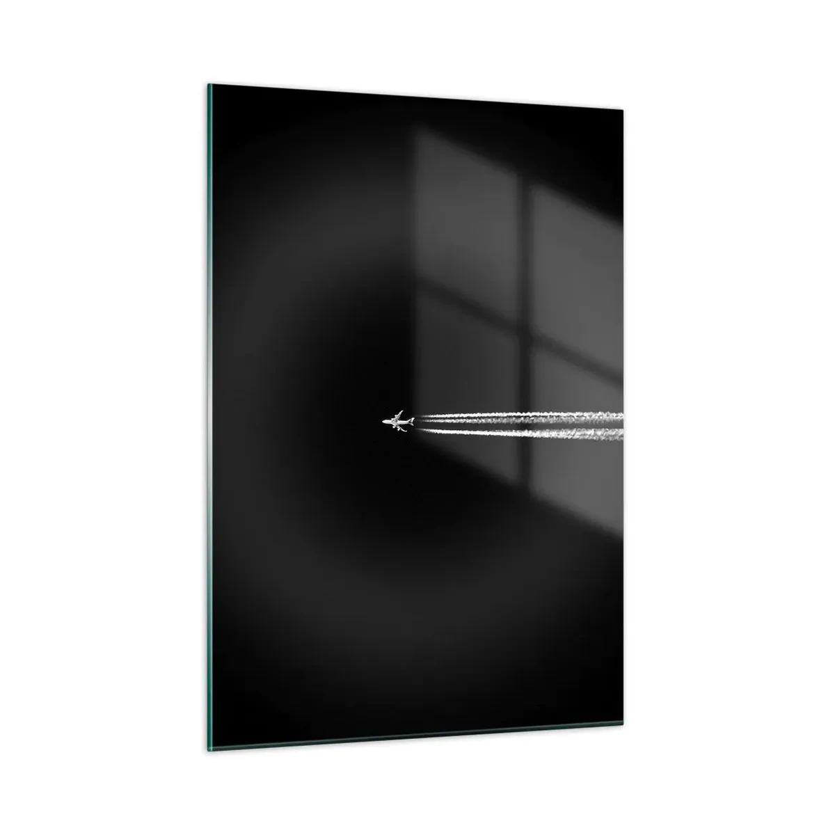 Impression sur verre - Image sur verre - Un avion à réaction sur fond noir avec une traînée de condensation - 50x70cm - Dans une autre dimension - Décoration murale moderne pour le salon et la chambre ARTTOR