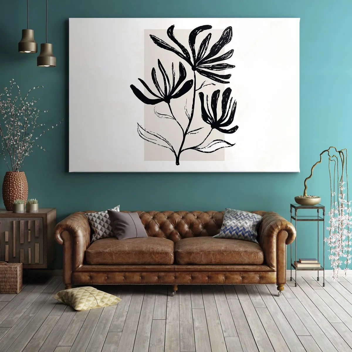 Impression sur toile - Image sur toile - Motif floral minimaliste noir et blanc - 70x50cm - Esquisse pour l'herbier - Décoration murale moderne pour le salon et la chambre ARTTOR