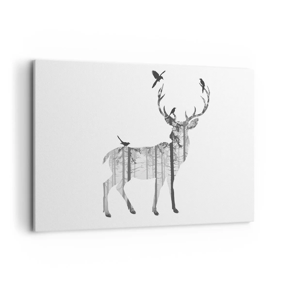 Impression sur toile - Image sur toile - Silhouette d'un cerf avec forêt et oiseaux - 120x80cm - La bonne âme de la forêt - Décoration murale moderne pour le salon et la chambre ARTTOR