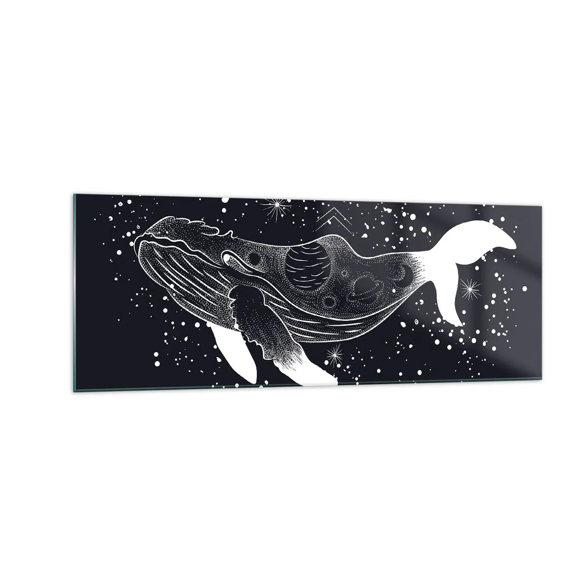 Impression sur verre - Image sur verre - Une illustration graphique d'une baleine dans un style de l'ère spatiale. - 140x50cm - Dans l'océan de l'univers - Décoration murale moderne pour le salon et la chambre ARTTOR