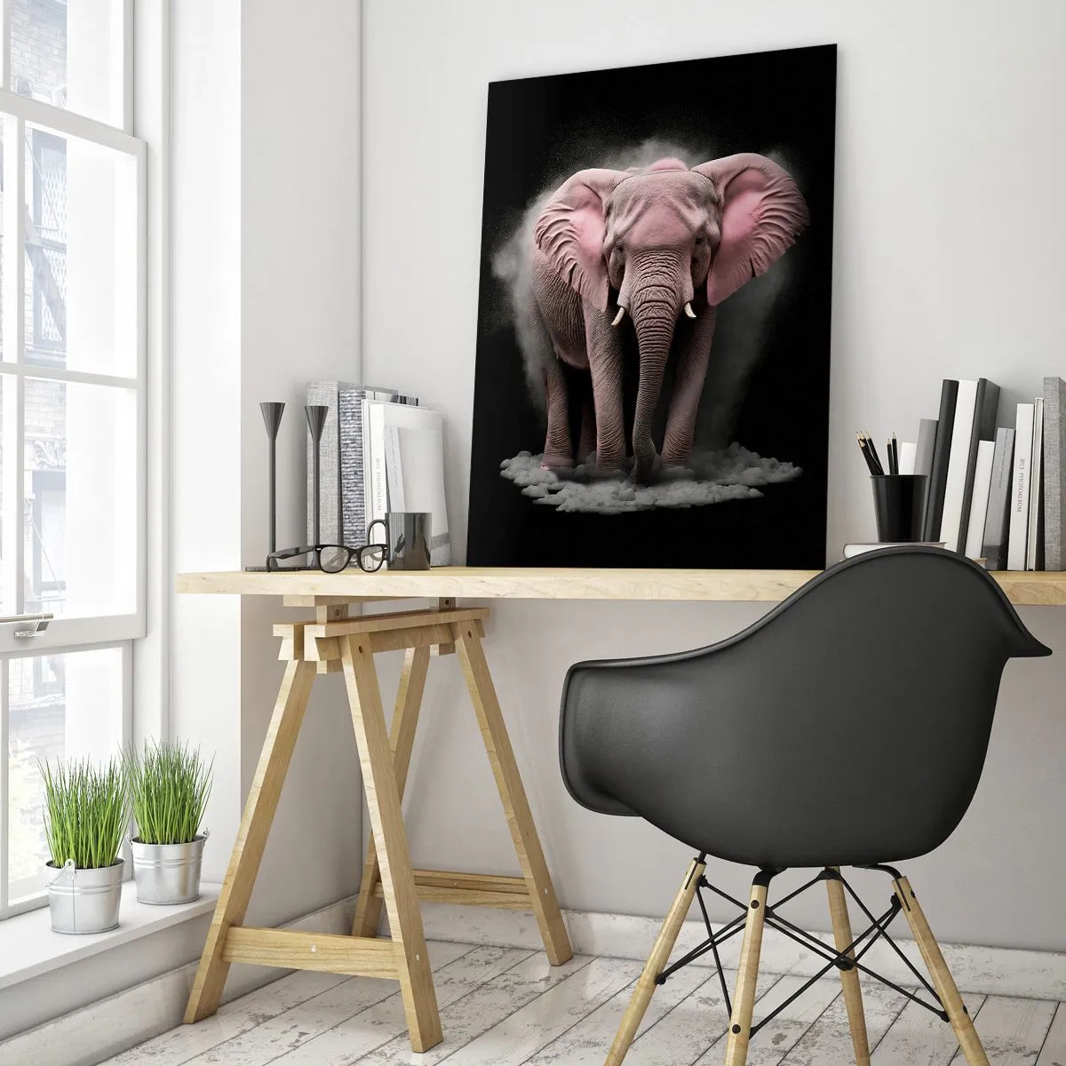 Impression sur verre - Image sur verre - Une interprétation artistique d'un éléphant rose sur fond noir - 80x120cm - Ne pensez pas à un éléphant rose ! - Décoration murale moderne pour le salon et la chambre ARTTOR