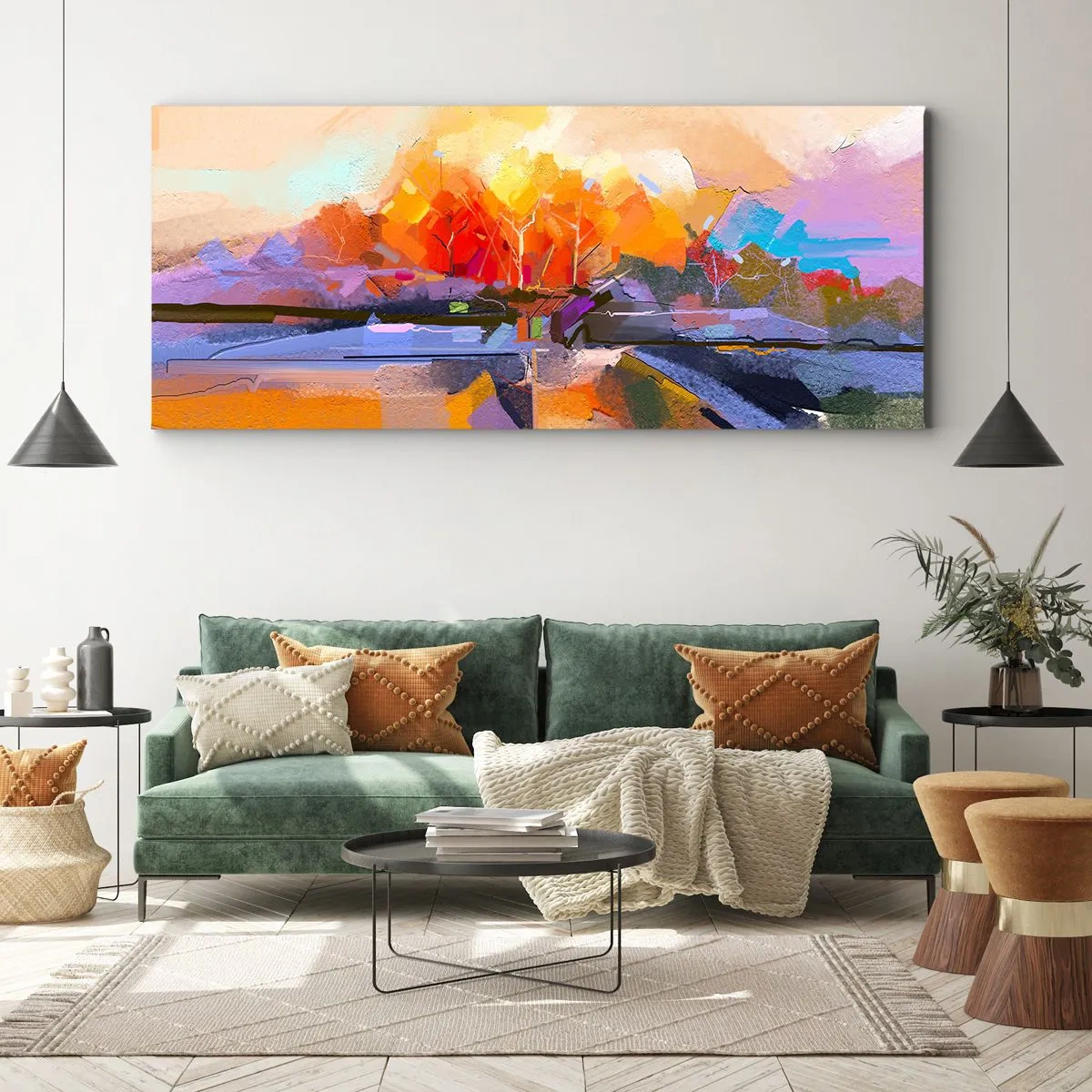 Impression sur toile - Image sur toile - Un paysage abstrait aux couleurs d'automne intenses. - 140x50cm - L'automne est arrivé - Décoration murale moderne pour le salon et la chambre ARTTOR