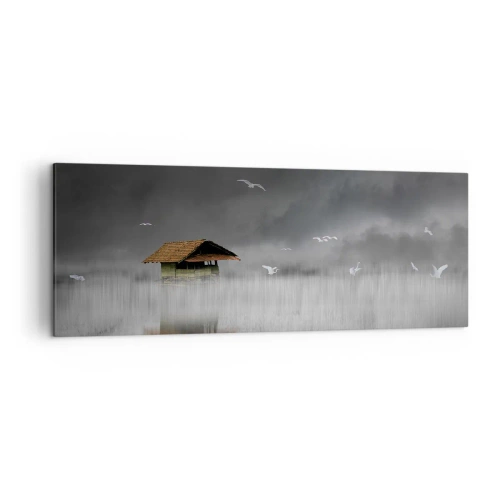 Impression sur toile - Image sur toile - Un chalet solitaire sur l'eau entouré de brouillard et d'oiseaux - 140x50cm - A l'abri de la pluie - Décoration murale moderne pour le salon et la chambre ARTTOR