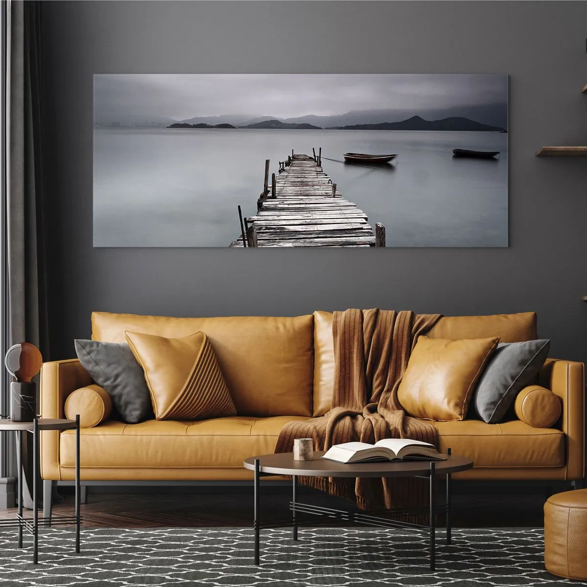 Impression sur verre - Image sur verre - Un pont en bois menant à la surface calme du lac - 140x50cm - Tu peux partir demain - Décoration murale moderne pour le salon et la chambre ARTTOR