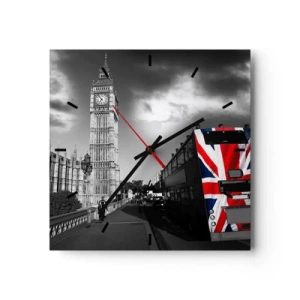 Horloge murale - Pendule murale - Big Ben et un bus avec un drapeau britannique sur fond noir et blanc - 30x30cm - Fière et grande - Décoration murale moderne pour le salon et la chambre ARTTOR