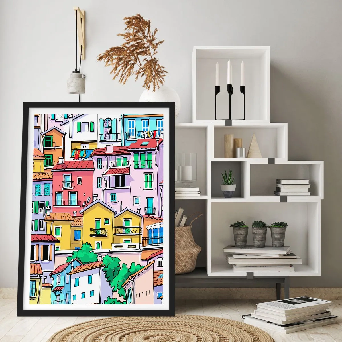 Affiche dans un cadre noir - Poster - Maisons colorées dans un style illustratif - 50x70cm - Ville joyeuse - Décoration murale moderne pour le salon et la chambre ARTTOR