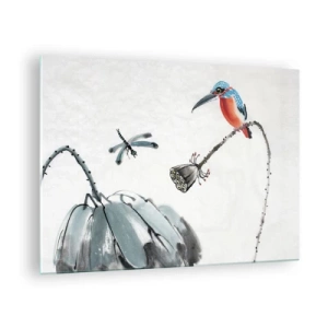 Impression sur verre - Image sur verre - Illustration d'un oiseau coloré et d'une libellule sur fond de végétation - 70x50cm - La vie du champ - Décoration murale moderne pour le salon et la chambre ARTTOR