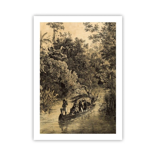 Affiche - Poster - Une gravure d'une forêt tropicale et d'un bateau sur une rivière - 50x70cm - Expédition à la source - Décoration murale moderne pour le salon et la chambre ARTTOR