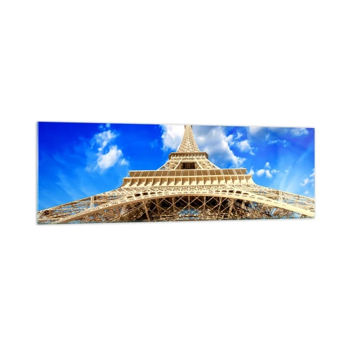 Impression sur verre - Image sur verre - La Tour Eiffel vue d'en bas contre un ciel bleu - 160x50cm - Atteindre le ciel et les nuages - Décoration murale moderne pour le salon et la chambre ARTTOR