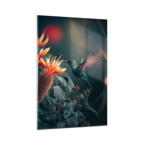 Impression sur verre - Image sur verre - Un colibri coloré parmi des fleurs sur un fond naturel - 80x120cm - une vie vraiment colorée - Décoration murale moderne pour le salon et la chambre ARTTOR
