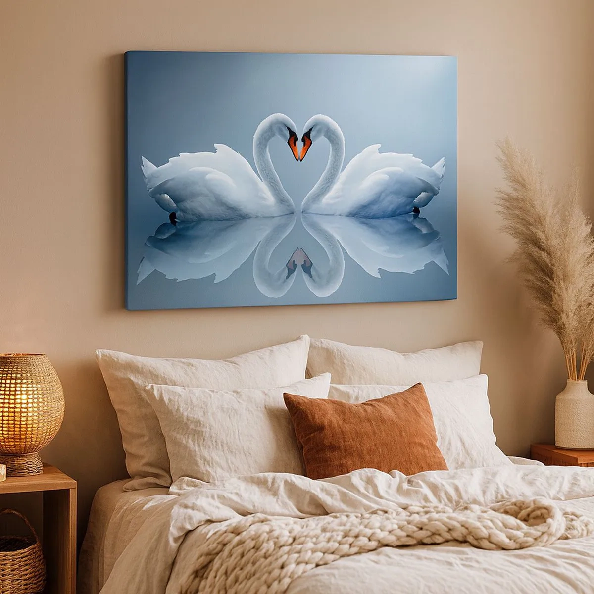 Impression sur toile - Image sur toile - Deux cygnes formant un cœur sur une surface d'eau calme - 70x50cm - Le temps de l'amour - Décoration murale moderne pour le salon et la chambre ARTTOR
