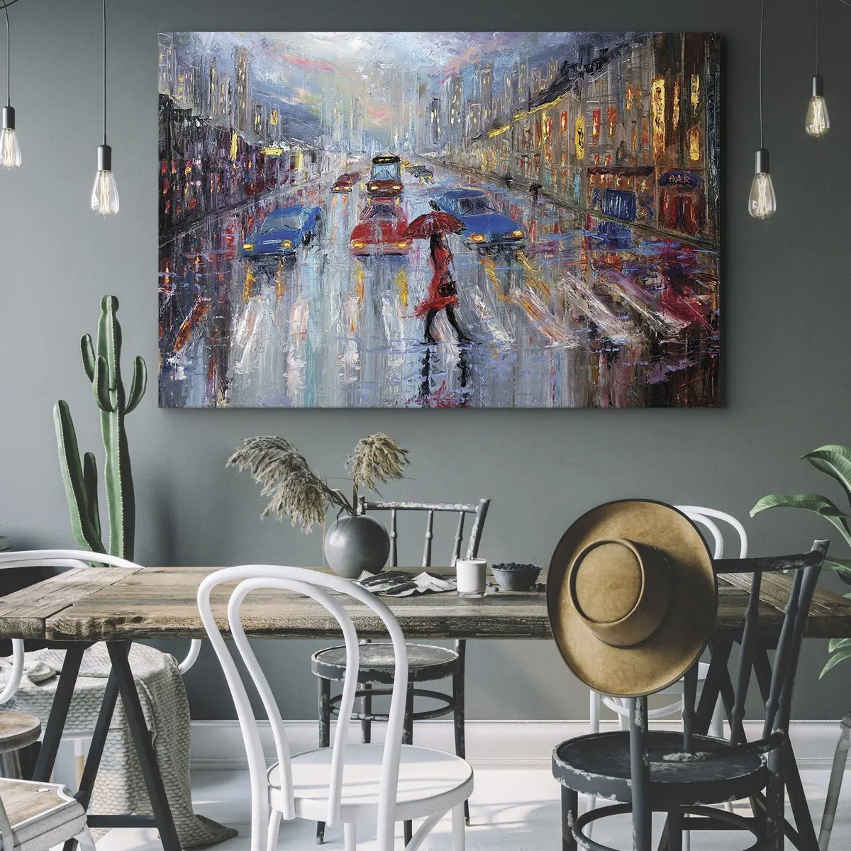 Impression sur toile - Image sur toile - Une femme avec un parapluie dans une rue pluvieuse à la lumière du néon. - 70x50cm - Après-midi pluvieux en ville - Décoration murale moderne pour le salon et la chambre ARTTOR