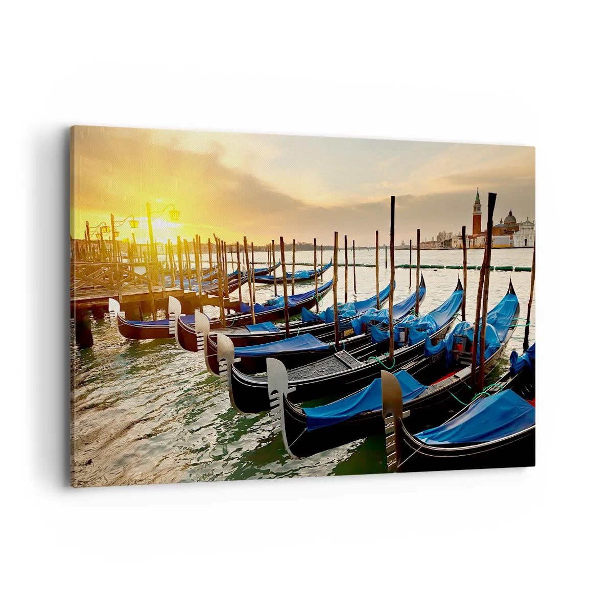 Impression sur toile - Image sur toile - Gondoles à Venise le matin à la lumière du soleil levant - 120x80cm - Avant que le vacarme n'arrive - Décoration murale moderne pour le salon et la chambre ARTTOR
