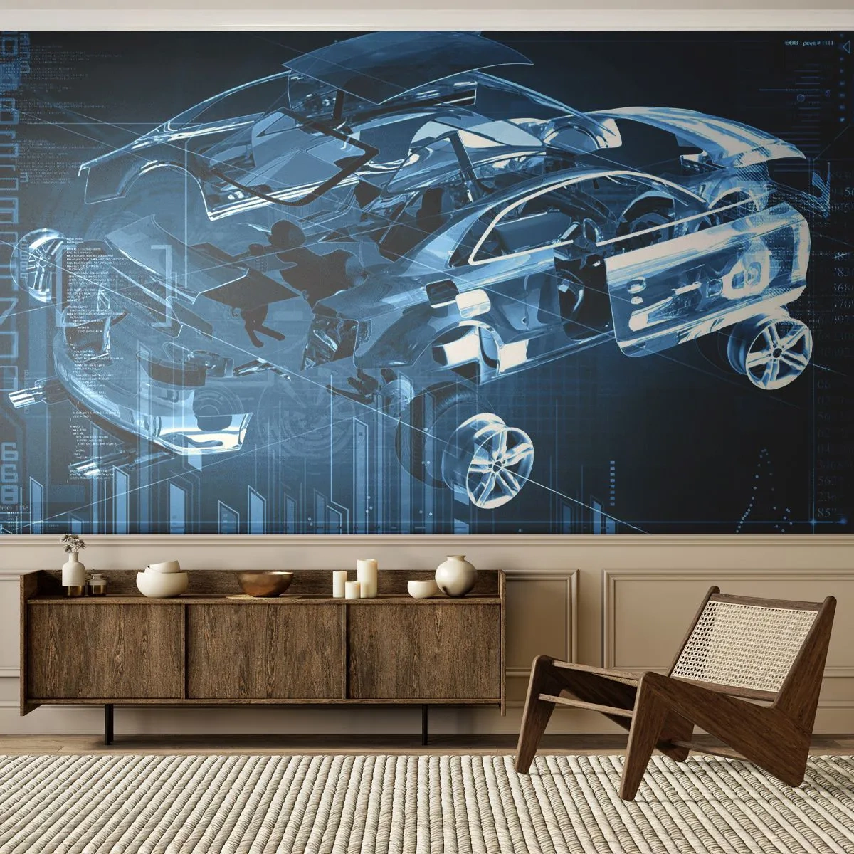 Papier Peint Photo Premium Sand - Un modèle de voiture holographique avec des éléments technologiques - 100x70cm - Anatomie de l'ingénierie - Décoration murale moderne pour le salon et la chambre ARTTOR