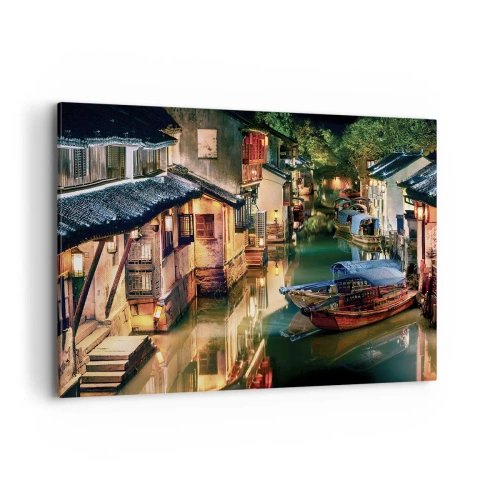 Impression sur toile - Image sur toile - Vue nocturne des canaux avec bateaux et maisons traditionnels - 100x70cm - Soirée dans une rue chinoise - Décoration murale moderne pour le salon et la chambre ARTTOR