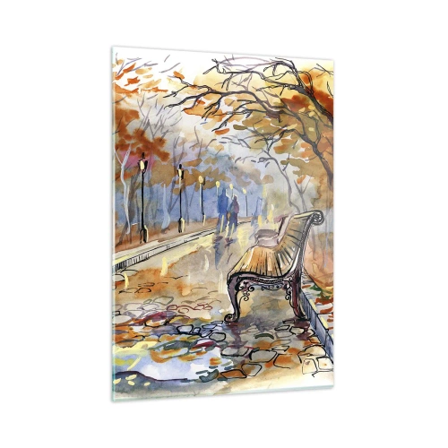 Impression sur verre - Image sur verre - Une allée d'automne avec un banc dans un style aquarelle artistique - 50x70cm - Errer ensemble à l'automne - Décoration murale moderne pour le salon et la chambre ARTTOR