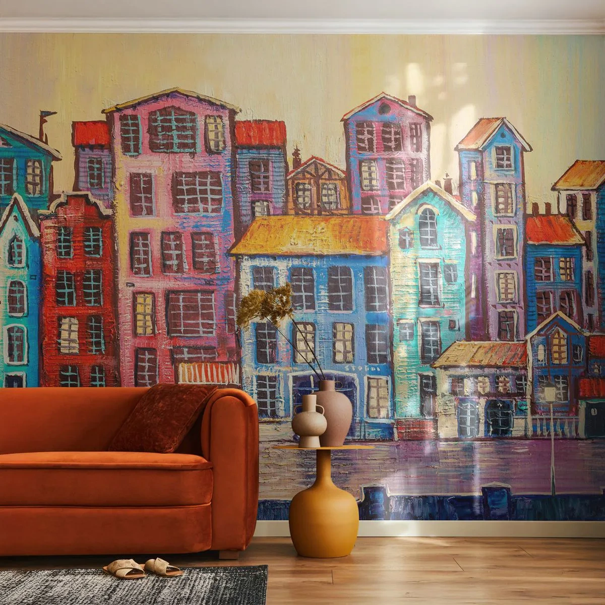 Papier Peint Photo Premium Sand - Maisons colorées au bord de l'eau dans un style artistique - 100x70cm - Une ville comme dans un conte de fées - Décoration murale moderne pour le salon et la chambre ARTTOR