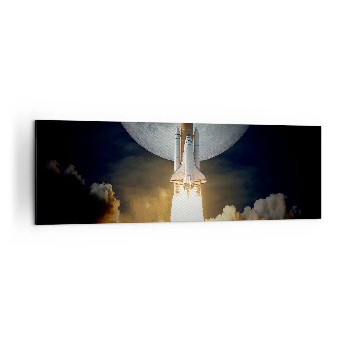 Impression sur toile - Image sur toile - Une fusée décollant sur fond de pleine lune entourée de nuages dynamiques. - 160x50cm - Le début d'une aventure surnaturelle - Décoration murale moderne pour le salon et la chambre ARTTOR