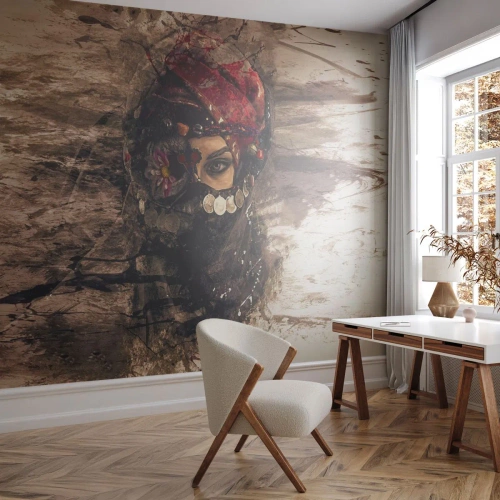 Papier peint sur mesure Premium Canvas - Inquiétant, c'est le moins qu'on puisse dire - Abstraction, Visage de femme, Symboles orientaux