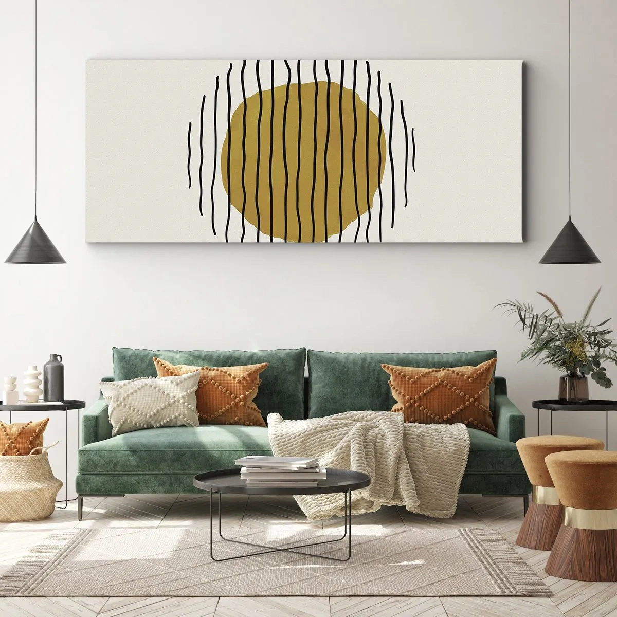 Impression sur toile - Image sur toile - Un motif minimaliste avec un cercle jaune et des lignes noires. - 160x50cm - Abstraction tremblante de chaleur - Décoration murale moderne pour le salon et la chambre ARTTOR