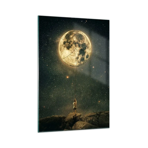 Impression sur verre - Image sur verre - L'homme avec la lune contre le ciel étoilé - 70x100cm - Celui qui a volé la lune - Décoration murale moderne pour le salon et la chambre ARTTOR