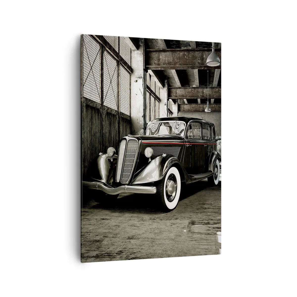 Impression sur toile - Image sur toile - Voiture rétro élégante dans un entrepôt brut - 70x100cm - L'élégance éternelle des années 30 - Décoration murale moderne pour le salon et la chambre ARTTOR