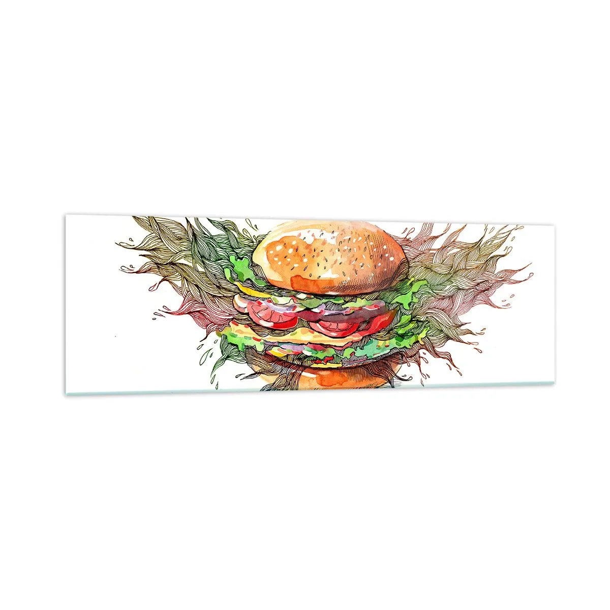 Impression sur verre - Image sur verre - Illustration artistique d'un burger avec des éléments dynamiques - 160x50cm - Tentation chaude - Décoration murale moderne pour le salon et la chambre ARTTOR